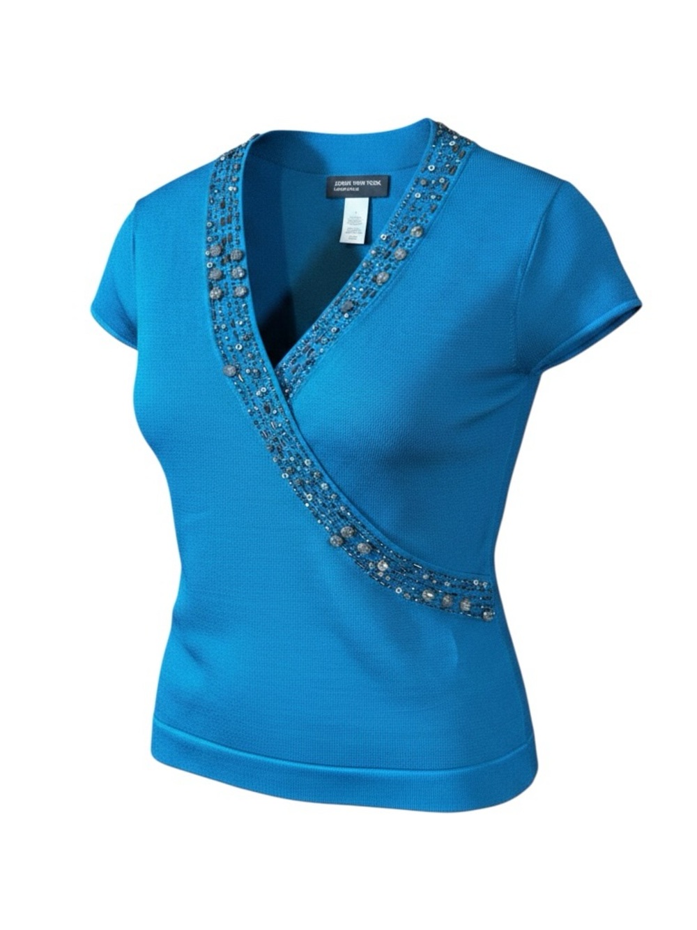 Jones New York Teal Short-Sleeve V-Neck Embellished Knit Top